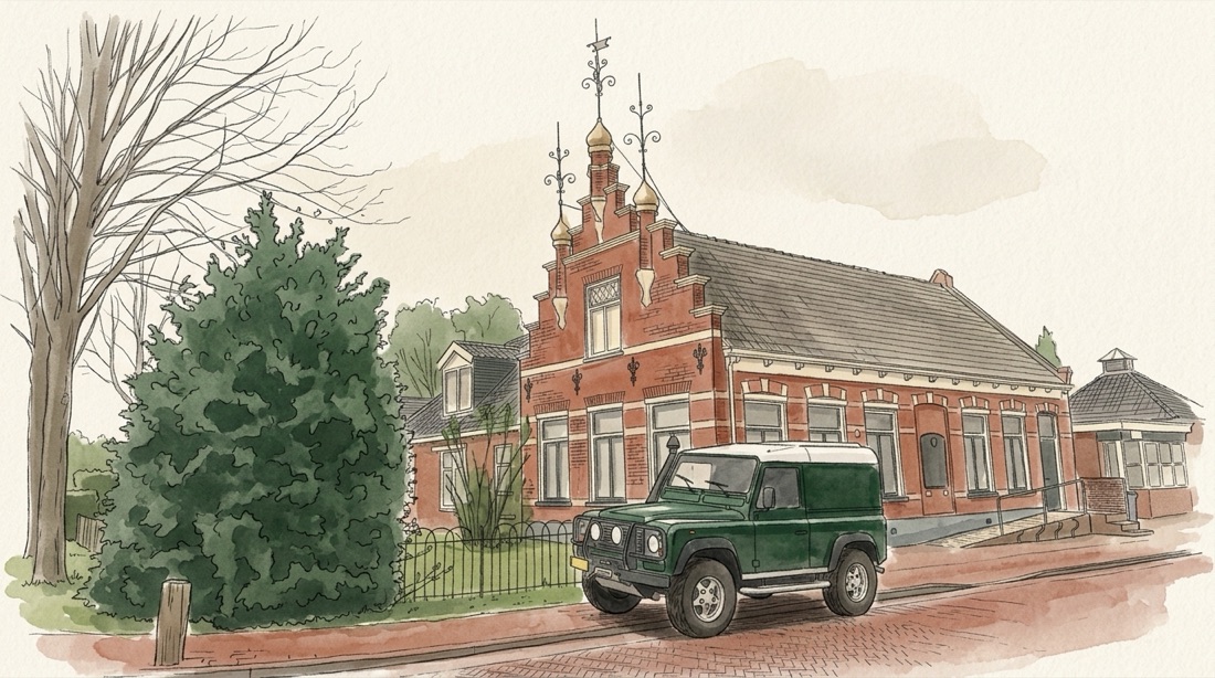 Tekening van het praktijkpand met de groene Land Rover ervoor